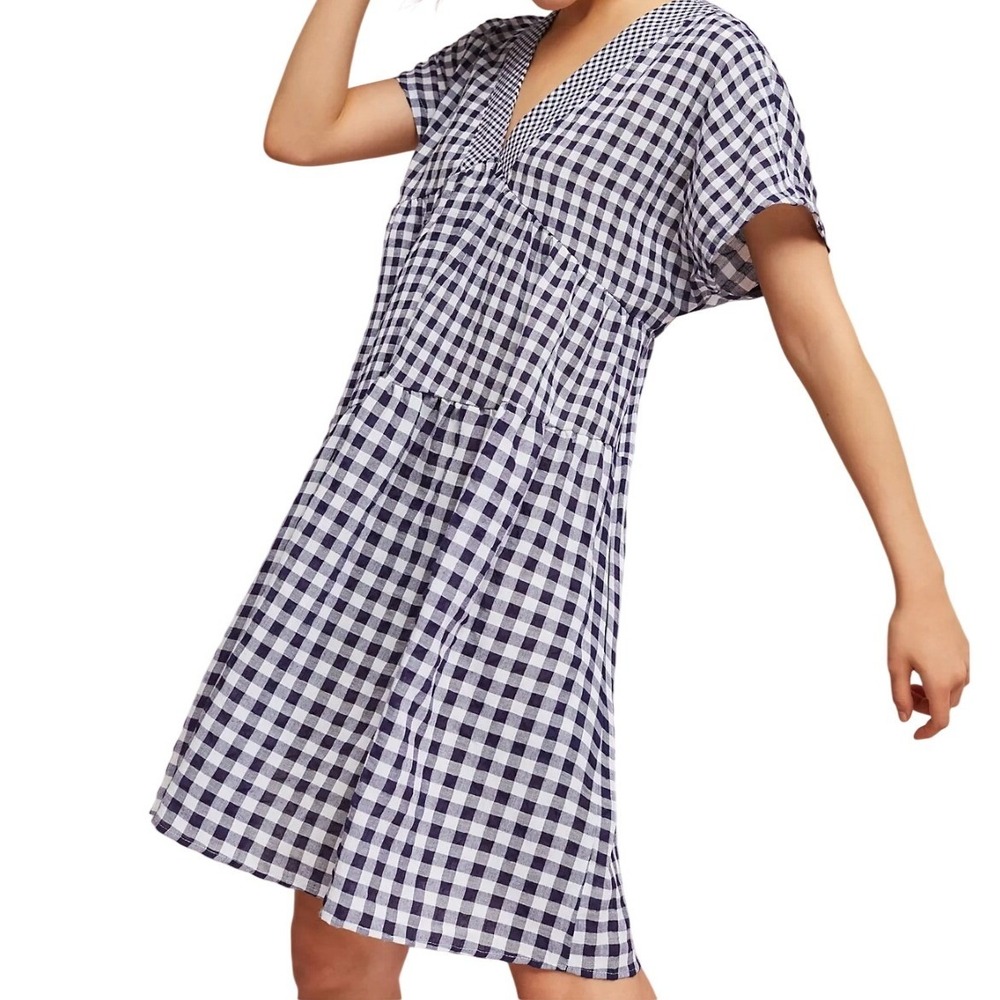 Anthropologie 11.1 Tylho Gingham V-Neck Swing Dress Pockets Tiered Babydoll XS